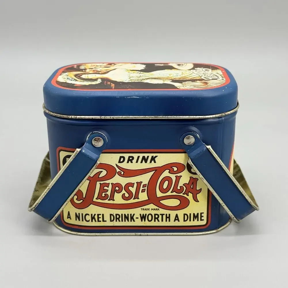 Vintage 1988 Tin Pepsi Advertisement Box W/ Handles & Lid Patina Collectible